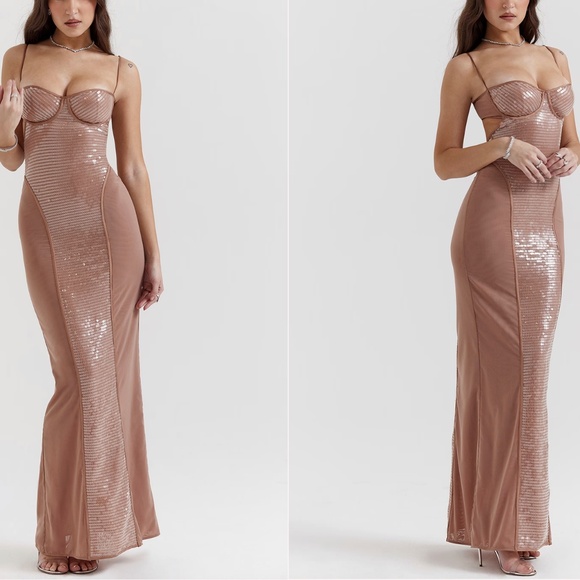 House of CB 'Bonita' Cafe Au Lait Sequin Maxi Dress in Size XS Regular cup
